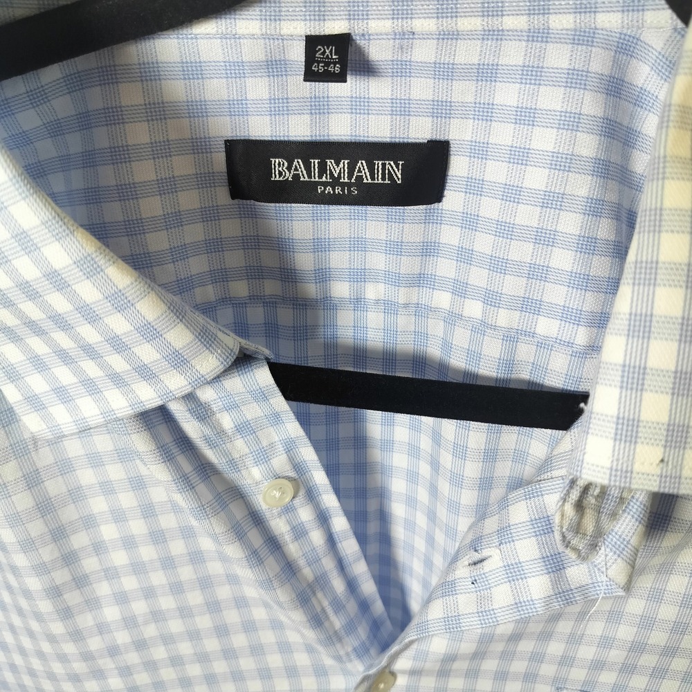 Balmain Paris Mens 2XL Blue White Gingham Check Long Sleeve Button Down Shirt - Picture 7 of 13